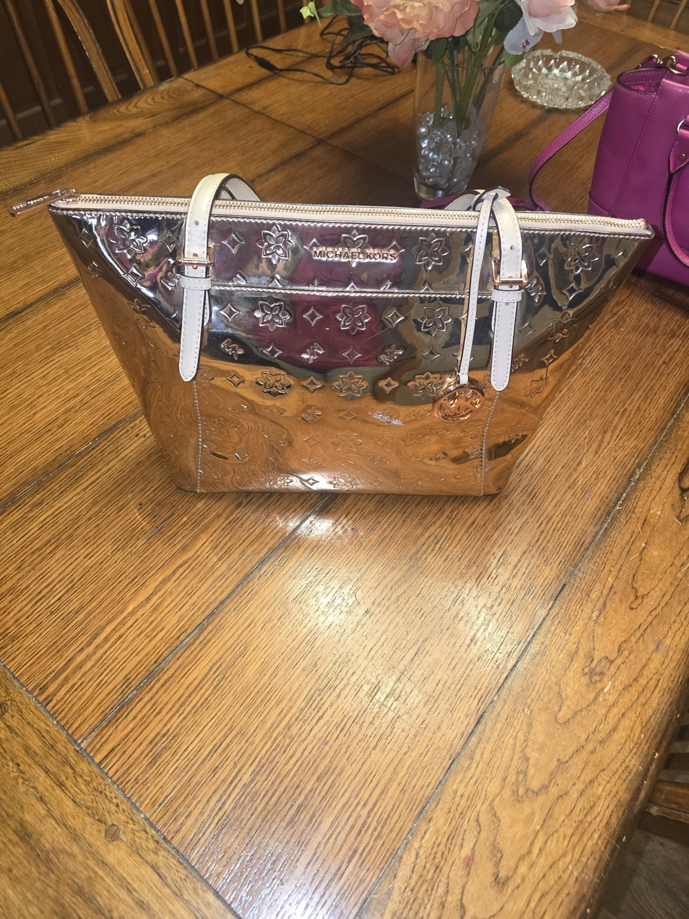 Michael Kors Rose Gold Mirrored Tote with White Handles